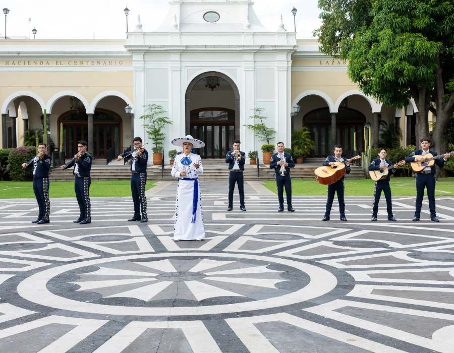 Mariachi musicians performing in a traditional plaza in Jalisco.